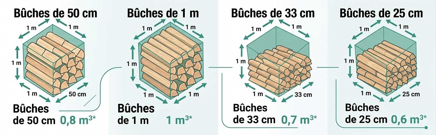 Comparaison d'un stère de bois selon la taille des bûches